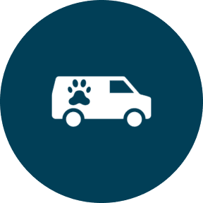 Van with paw print icon on blue.
